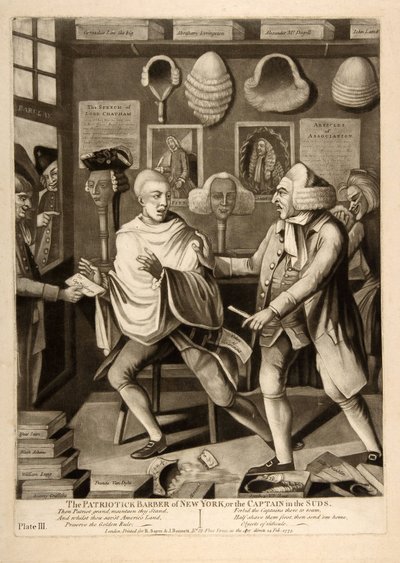 The Patriotic Barber of New York, or the Captain in the Suds, pub. 1775 by American School