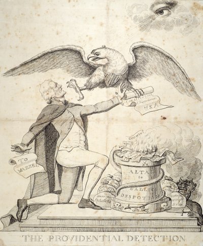 The Providential Detection, cartoon depicting Thomas Jefferson trying to destroy the Constitution by American School
