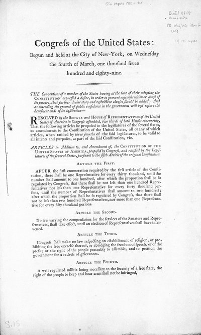 The United States Bill of Rights, completed 1789 by American School