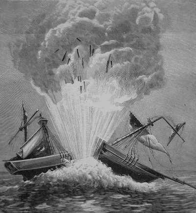The first torpedo, invented by Robert Fulton blows up the Danish brig 