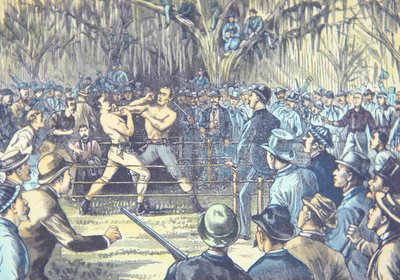 The last bare knuckle boxing championship fight in 1889, John L. Sullivan v. Jake Kilrain at Richburg, Mississippi by American School