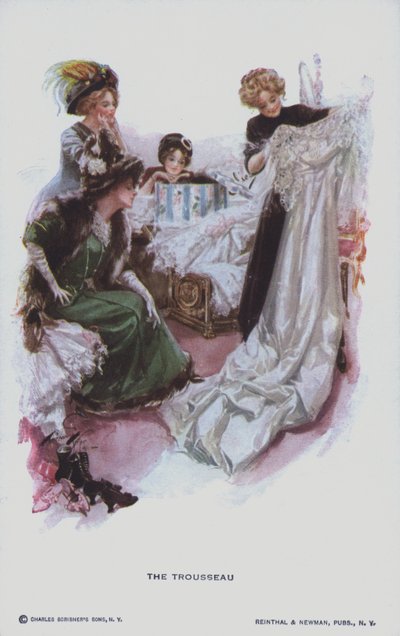 The Trousseau: A Bride-to-be Looking at a Wedding Dress by American School