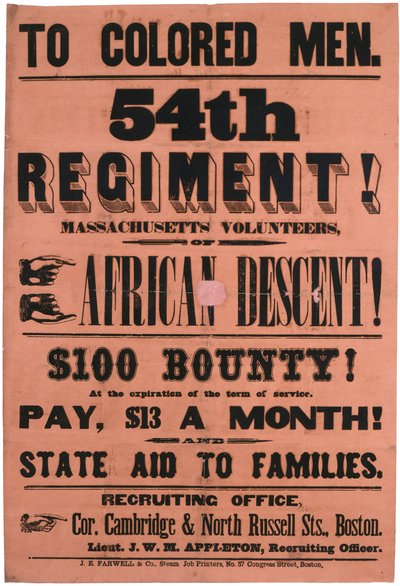 To Coloured Men. 54th Regiment! Massachusetts Volunteers, Of African Descent, 1863 by American School