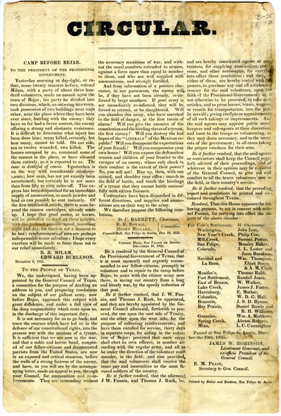 To The People of Texas re: siege of Mexican garrison at San Antonio de Bexar, 10th December 1835 by American School