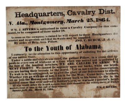 To the Youth of Alabama: We Are Calling to Arms! (Recruitment Broadside), 25th March 1864 by American School