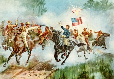 U.S. Rough Riders stampeding a Spanish outpost in Cuba during the Spanish-American War, 1898 by American School