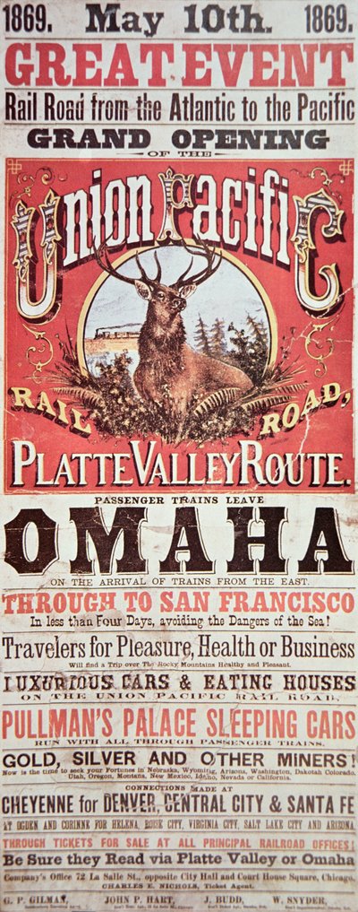 Union Pacific Railroad poster advertising the first transcontinental railroad across the USA by American School