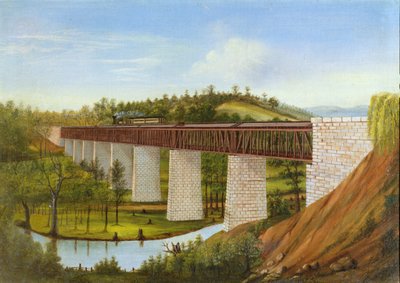 View of a covered bridge and railroad by American School