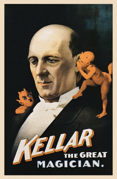 Vintage poster of man with devils whispering by American School