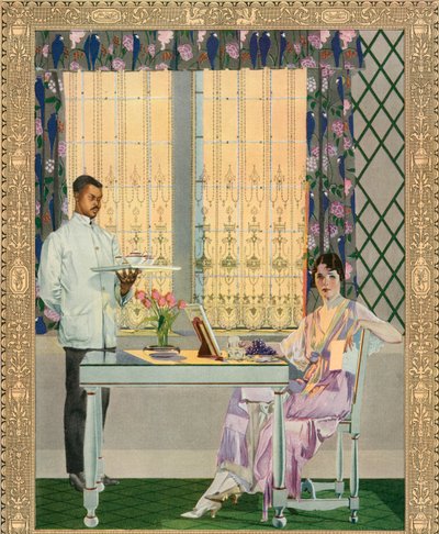 Wealthy Woman Being Served Breakfast in a Fine Mansion by American School