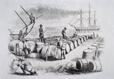 Whalers gauging oil in barrels, from The American Whale Fishery, c.1850 by American School