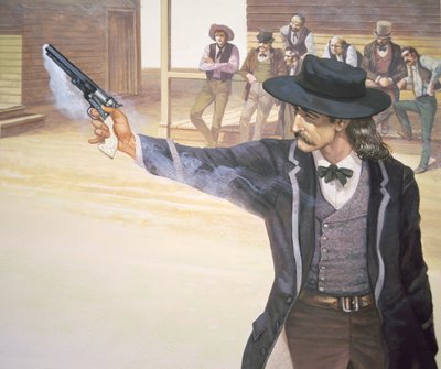 Wild Bill Hickok (1837-76) demonstrates his marksmanship with his Colt Navy model revolver by American School