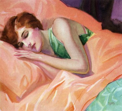 Woman Sleeping on Peach-Colored Sheets by American School