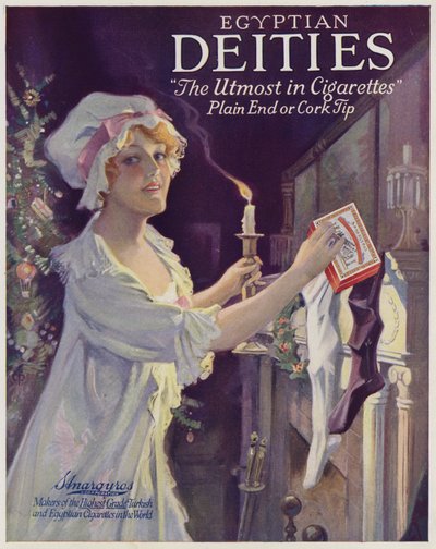 Woman Putting Cigarettes in a Christmas Stocking, Advertisement for Egyptian Deities Cigarettes by American School