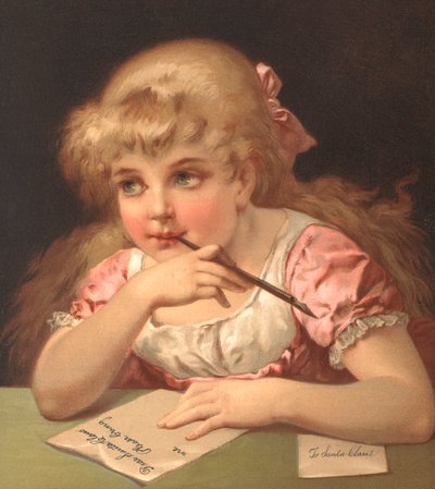 Young girl writing a letter to Santa Claus by American School