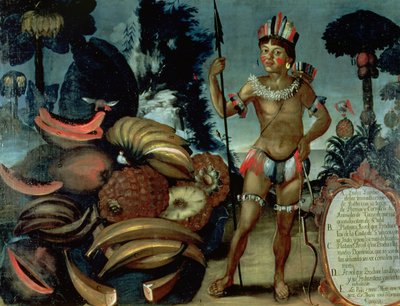 Yumbo Indian from the neighbourhood of Quito, Ecuador, with various fruits and trees by American School