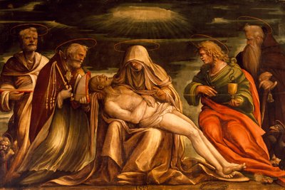 Pieta between Saints Mark, Ambrose, John the Evangelist and Antonio Abate by Amico Aspertini