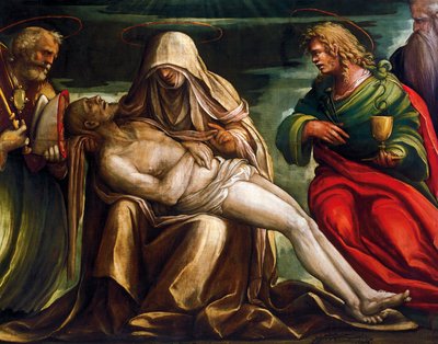 Pieta with Saint Mark, Ambrose, John the Evangelist, Saint and Antonio Abate by Amico Aspertini