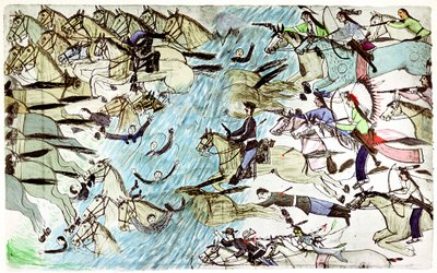 American Cavalry Retreating Across a River Pursued by Native American Warriors, c1900 by Amos Bad Heart Buffalo