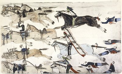 Battle of Little Big Horn 25-26 June 1876. Retreat of US 7th Cavalry battalions under Major Marcus Reno. Painting by Amos Bad Heart Buffalo (Sioux) c. 1900 by Amos Bad Heart Buffalo