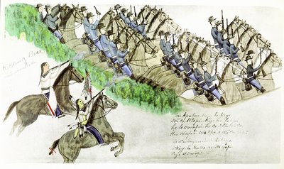 Beginning of the Battle of Little Big Horn River, Montana, 25 June 1876. Plains Indians and U.S. Cavalry. From painting by Sioux Indian Amos Bad Heart Buffalo. by Amos Bad Heart Buffalo