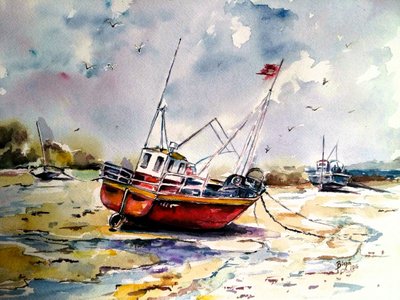 Beached Fishing Boats Low Tide by Anda Bieza