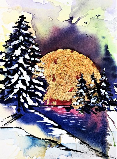 Golden Moon Winter Landscape by Anda Bieza