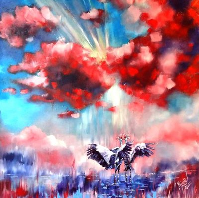 Two Cranes Red Clouds by Anda Bieza