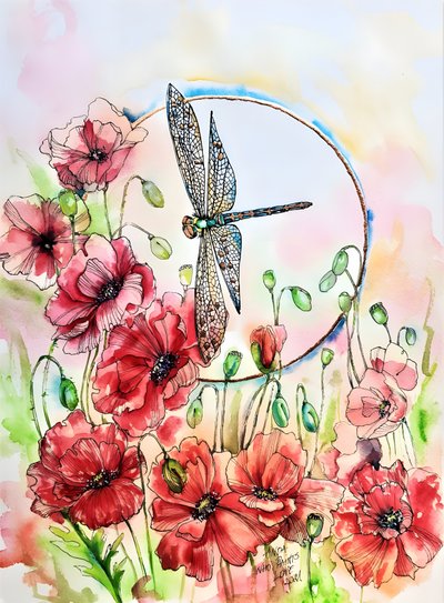 Vibrant Poppies Dragonfly by Anda Bieza