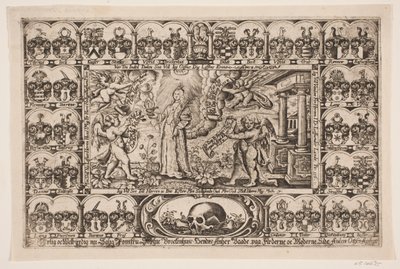 Sophie Brockenhuus and Four Geniuses, Surrounded by Ancestral Shields. From Funeral Sermon by Anders Ottesen