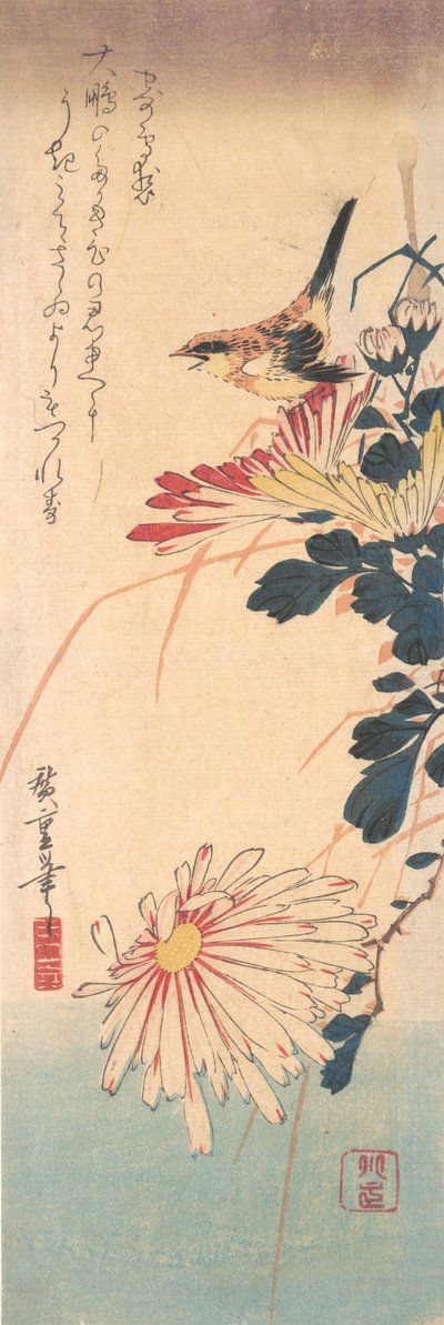 A Wren and Chrysanthemums by Ando Hiroshige