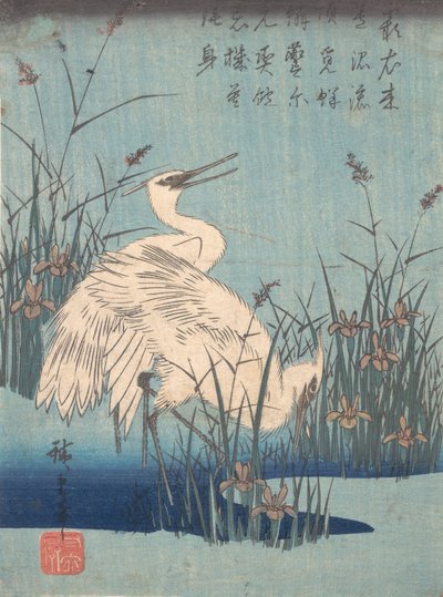Egret in Iris and Grasses by Ando Hiroshige