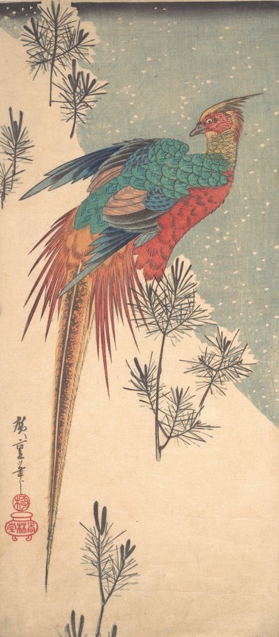Golden Pheasant and Pine Shoots in Snow, ca. 1835 by Ando Hiroshige
