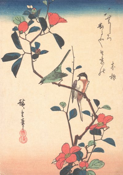 Japanese White-eye and Titmouse on a Camellia Branch by Ando Hiroshige