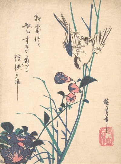 Large-flowered Flat Bill and Sparrow, ca. 1833 by Ando Hiroshige