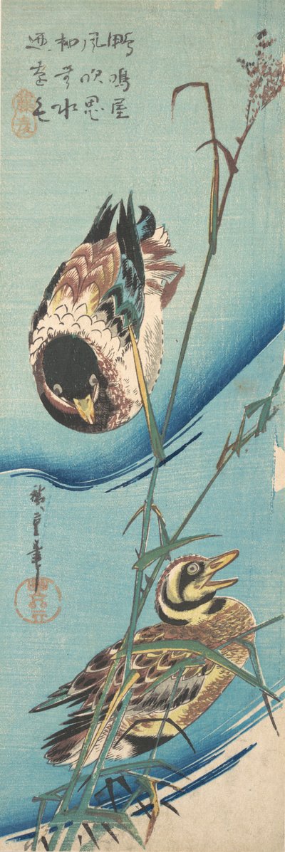 Mallard Ducks and Snow-covered Reeds by Ando Hiroshige