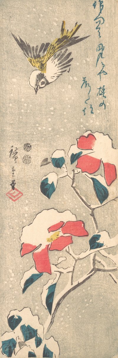 Sparrow and Snow-covered Camellia (Tsubaki) by Ando Hiroshige