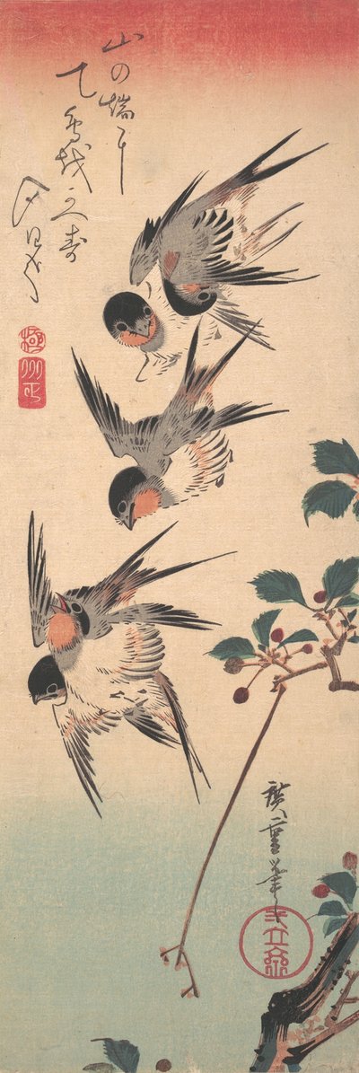 Swallows and Budding Wild Cherry by Ando Hiroshige