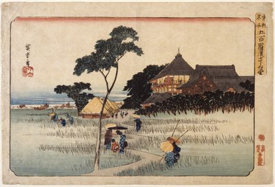 Large Building with Huts Below by Ando or Utagawa Hiroshige