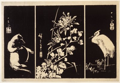 Badger, Chrysanthemums and Crane by Ando or Utagawa Hiroshige