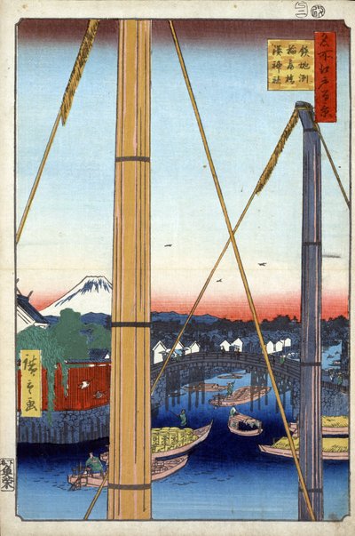 One Hundred Famous Views of Edo: The Harbor Shrine and Inari Bridge at Teppozu by Ando or Utagawa Hiroshige