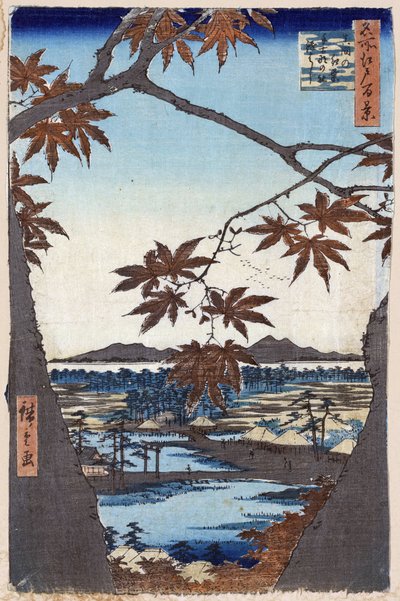 Maple Leaves and the Tekona Shrine and Bridge at Mama (One Hundred Famous Views of Edo). Japanese print by Utagawa Hiroshige (1797-1858) by Ando or Utagawa Hiroshige