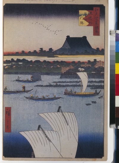 One Hundred Famous Views of Edo: Teppozu and Tsukiji Monzeki Temple by Ando or Utagawa Hiroshige