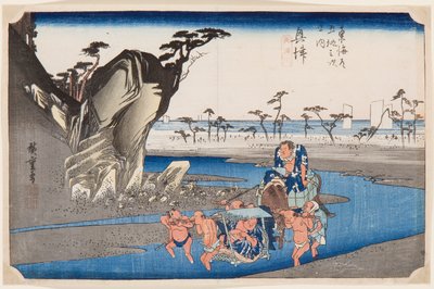 Two Wrestlers Crossing the Okitsu River by Ando or Utagawa Hiroshige