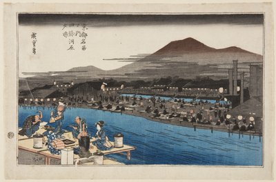 Enjoying the Cool of Evening on the Riverbed at Shijo by Ando or Utagawa Hiroshige