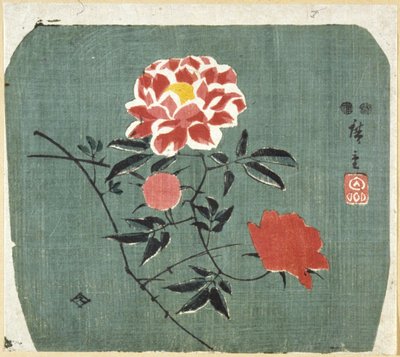 Fan Print: Rose by Ando or Utagawa Hiroshige