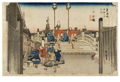 Nihonbashi: Morning View from the Series The Fifty-three Stations of the Tokaido by Ando or Utagawa Hiroshige
