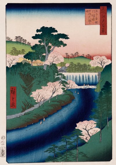 Otonashi River Dam, Oji, popularly called Great Waterfall, from the Series One Hundred Views of Famous Places in Edo by Ando or Utagawa Hiroshige