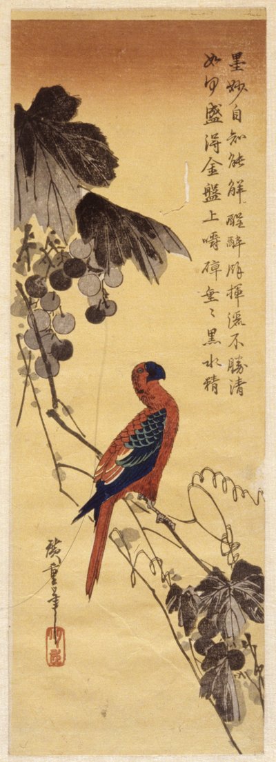 Parrot And Grape Vines by Ando or Utagawa Hiroshige