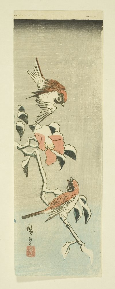 Sparrows and Camellia in Snow by Ando or Utagawa Hiroshige